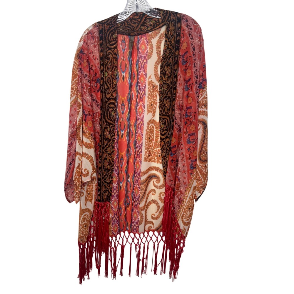 Entro Womens Paisley‎ Ikat Mixed Print Fringe Kimono Wrap  Orange Small